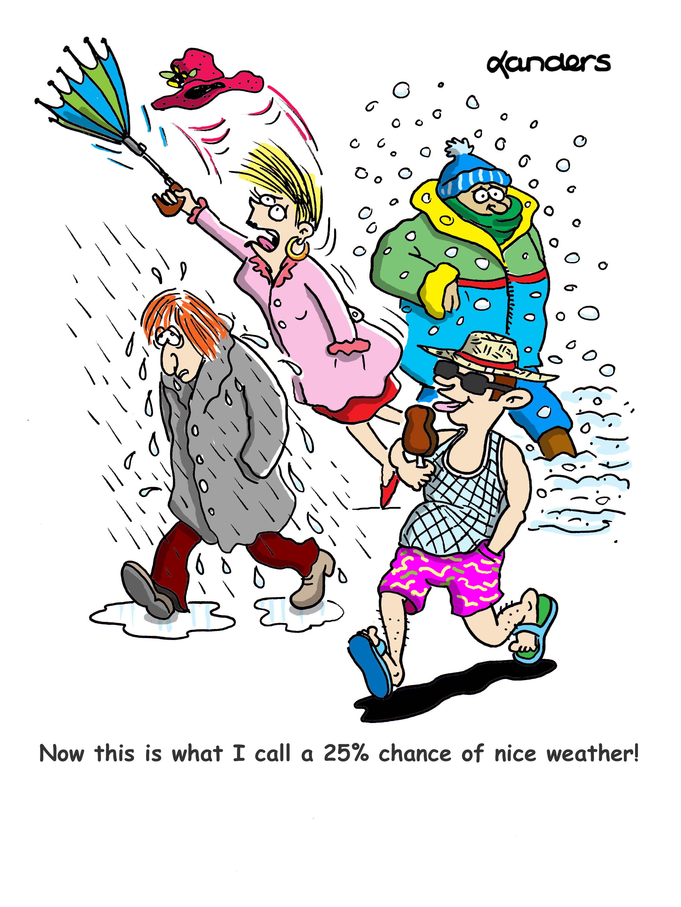 cartoon of 4 people with each experience very different weather