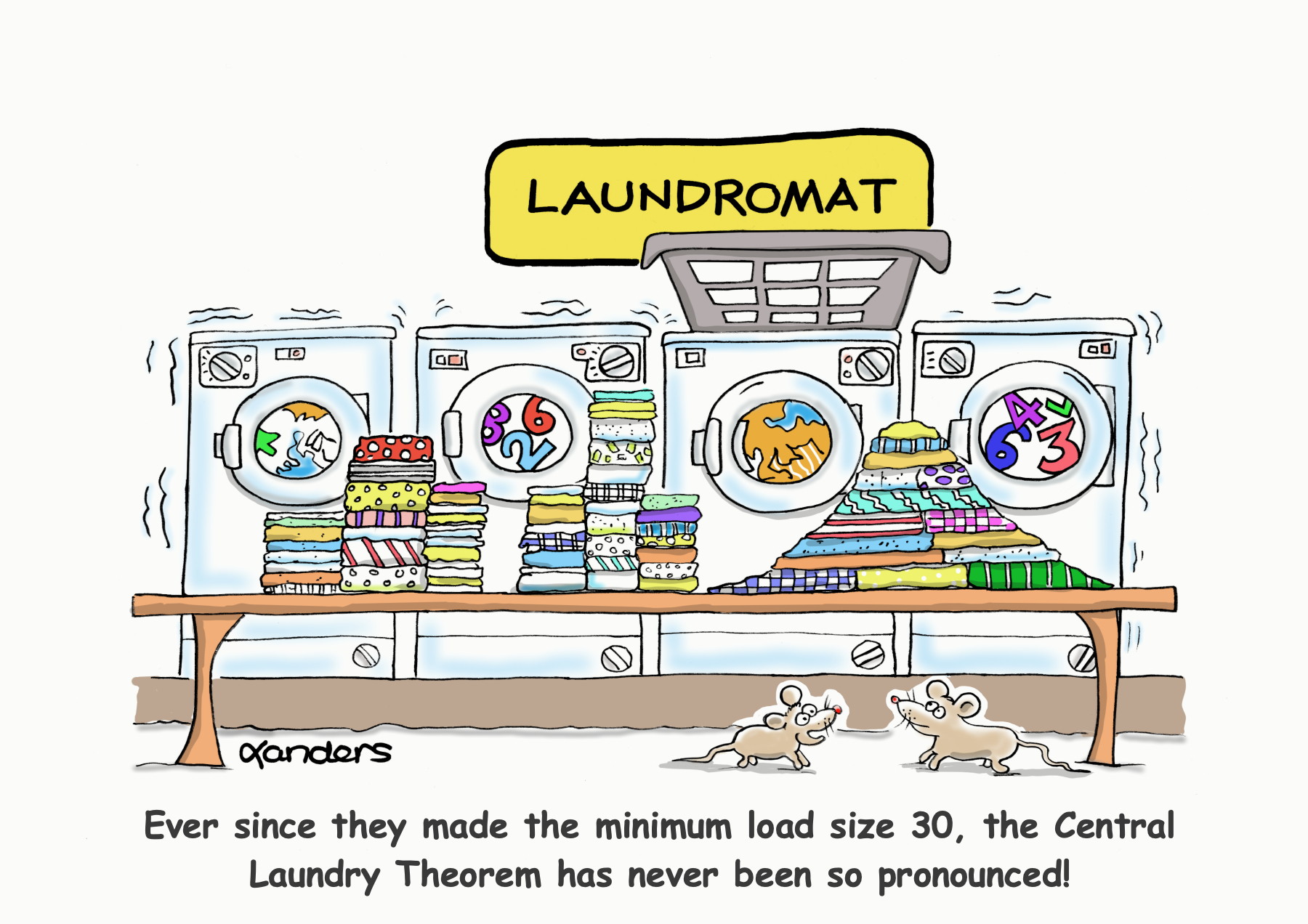 cartoon showing laundromat with numbers in some machines and a stack of claws forming the normal curve shape. Caption says "Ever since they made the minimum load size 30, the Central Laundry Theorem has never been so pronounced!"