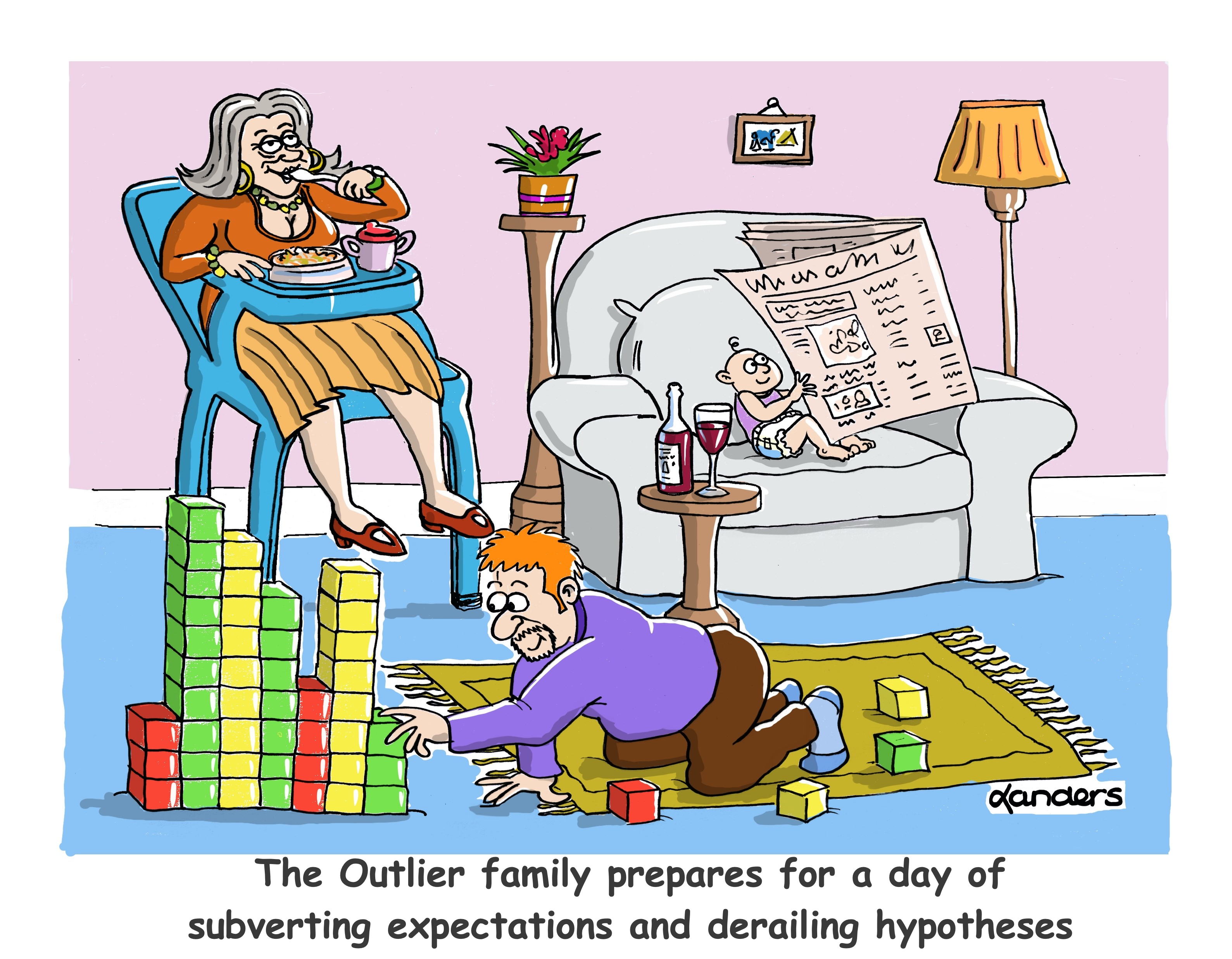 Cartoon with father on grounds playing with children toys, mother in high chair and baby on couch reading a newspaper and drinking a glass of wine.  Caption says "The Outlier family prepares for a day of subverting expectations and derailing hypotheses"