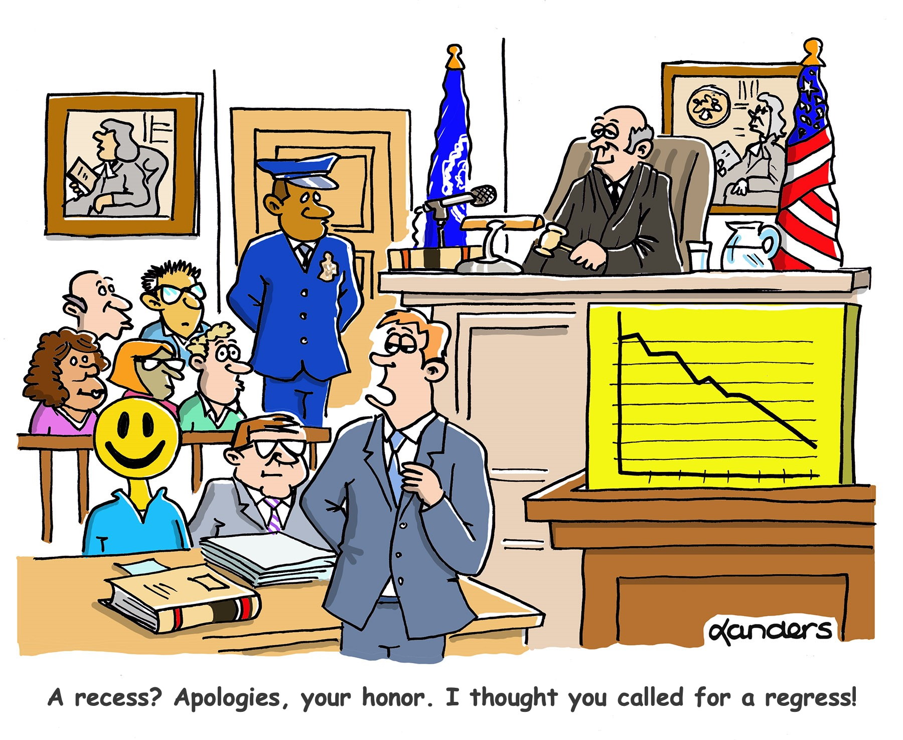 Cartoon of courtroom with happy face on defendant and a chart showing a regression line at the stand. Caption reads: "A recess? Apologies, your honor. I thought you called for a regress!"