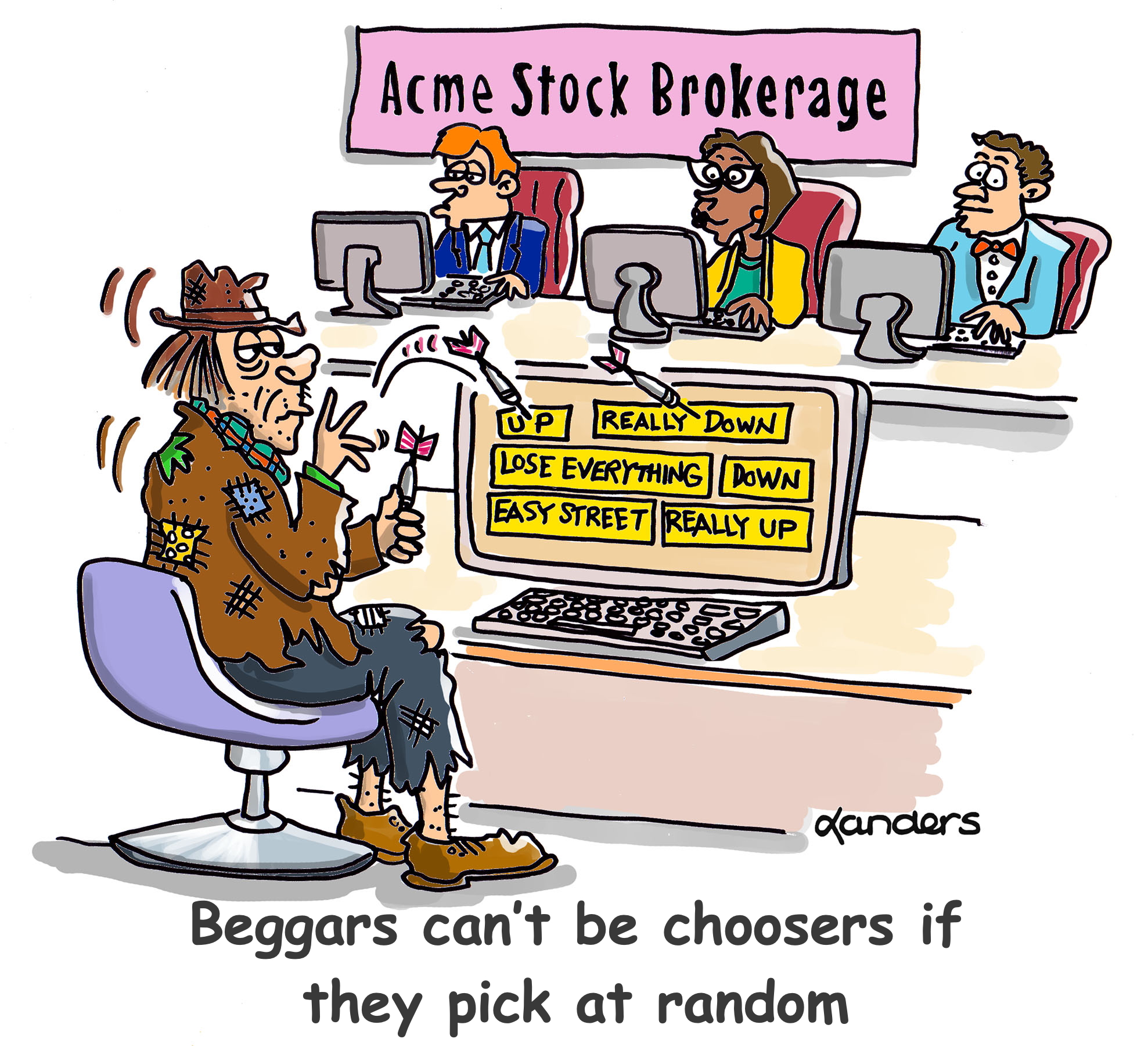 cartoon showing a stock brokerage with one broker in raggedy clothes throwing darts at a screen
