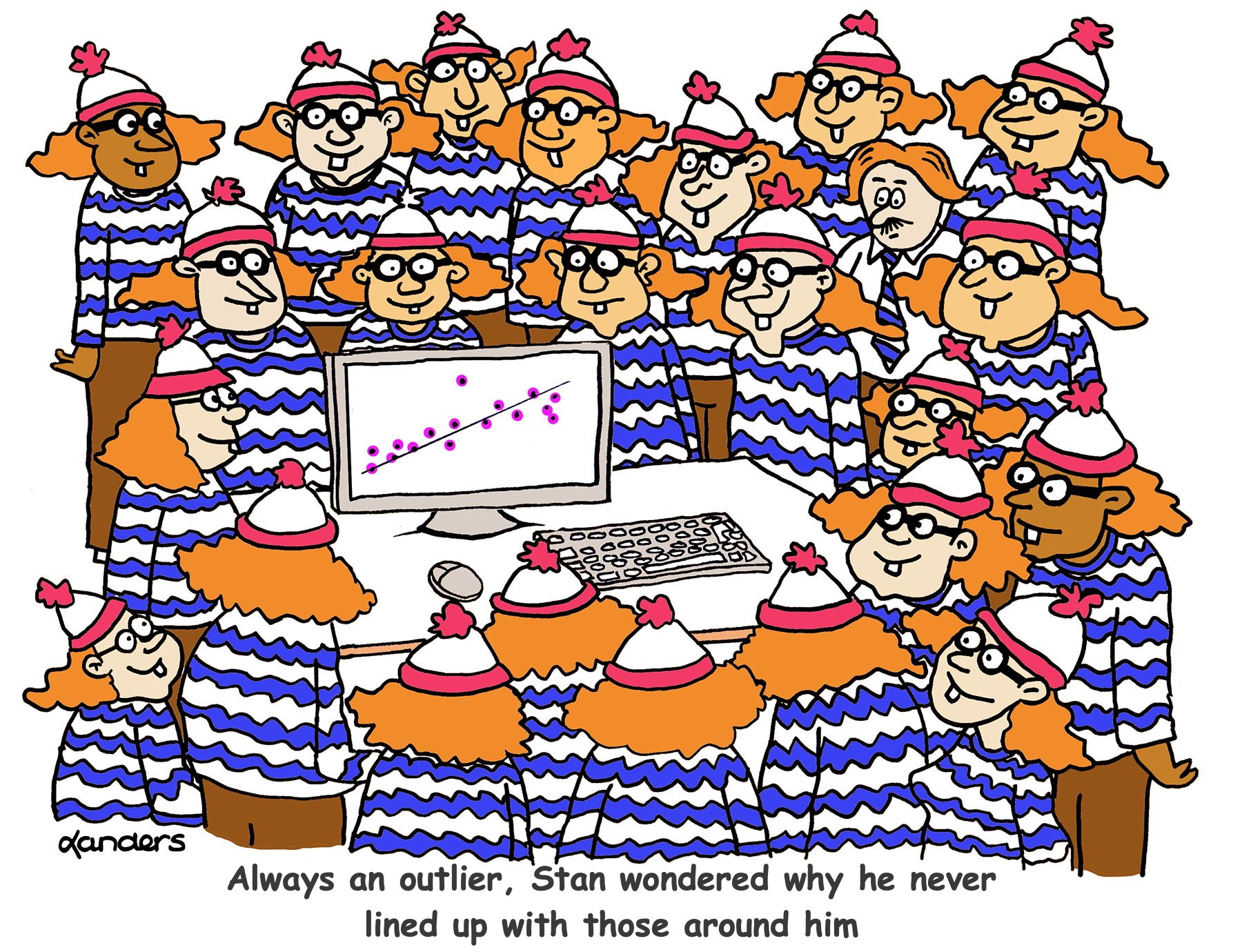 cartoon with many people dressed as Waldo and one person in regular attire all looking scatterplot. Caption says: "Always an outlier, Stan wondered why he never lined up with those around him"