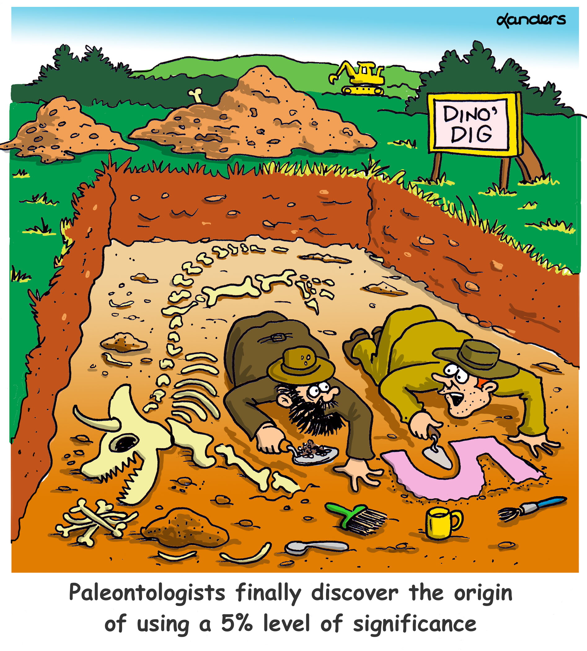 cartoon showing dig where dinosaur bones are uncovered as well as the number 5
