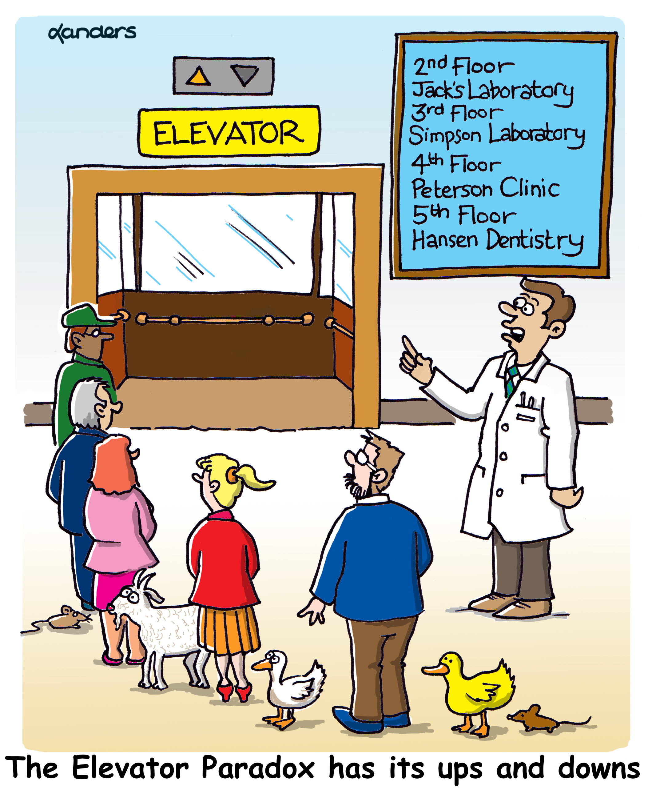 Cartoon showing people and various animals approaching an elevator