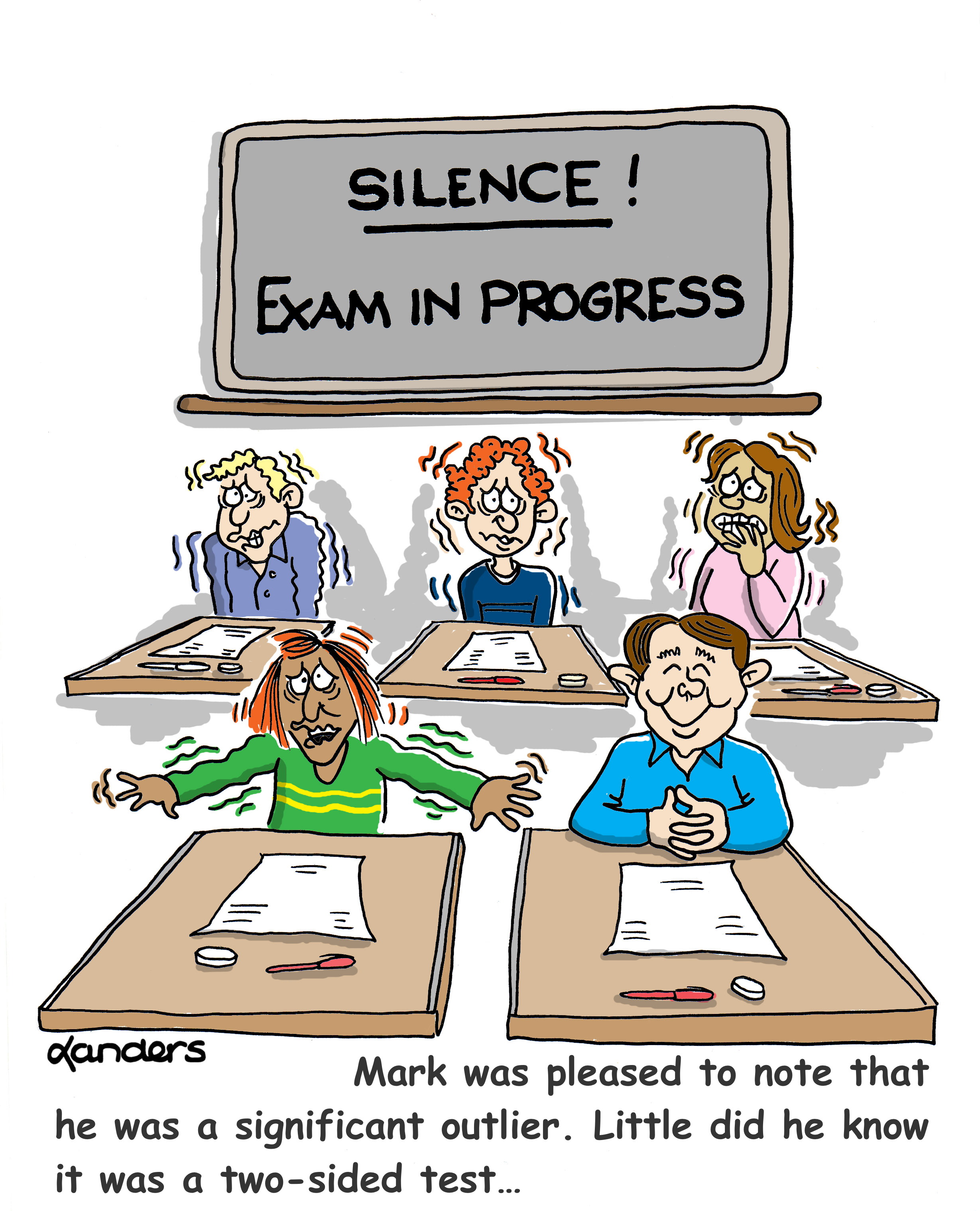 cartoon showing five students taking a test with 4 appearing very anxious and one appearing very calm
