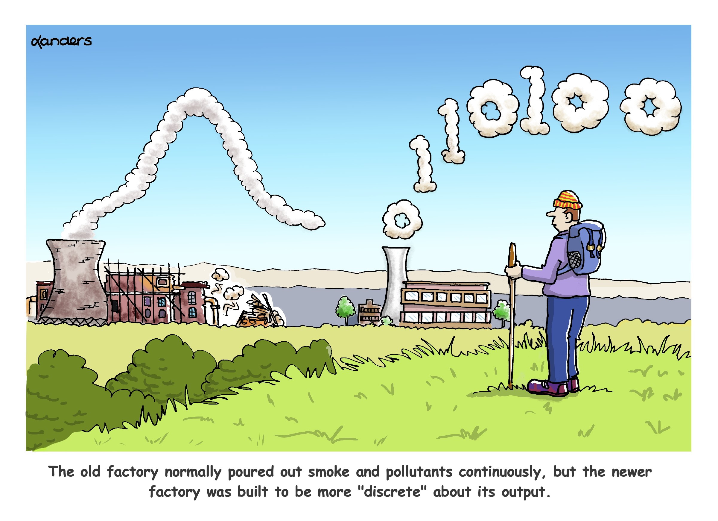 Cartoon shows two factories, smoke from an older one forms a normal curve, and other one's forms 0's and 1's. Caption says "The old factory normally poured out smoke and pollutants continuously, but the newer factory was built to be more discrete about it
