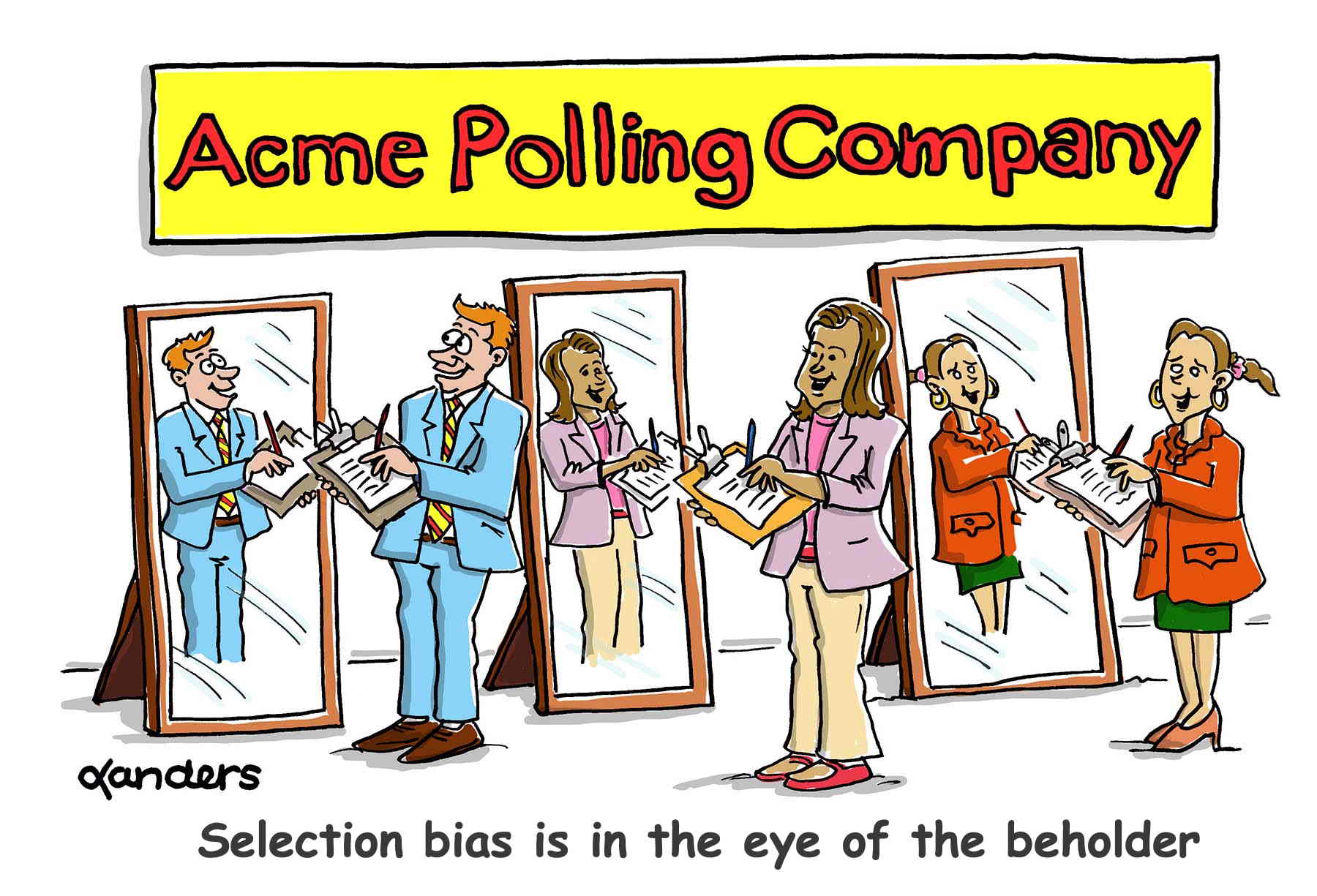 cartoon with acme polling company personnel interviewing themselves in the mirror.  Caption says: Selection bias is in the eye of the beholder