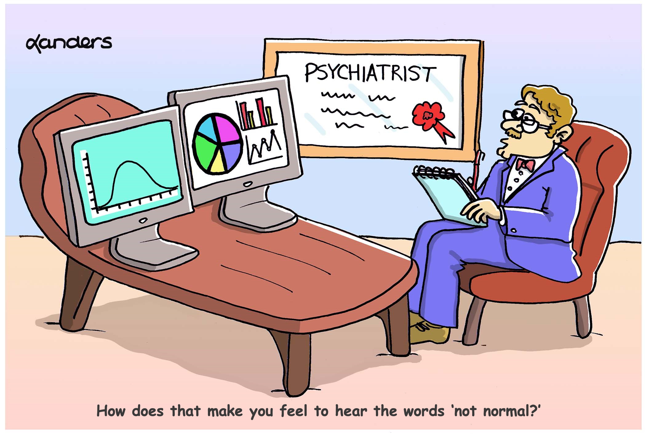 Cartoon showing Psychiatrist talking to two computers sitting on a couch with statistical graphics on their screens. The caption says: How does that make you feel to hear the words 'not normal'?