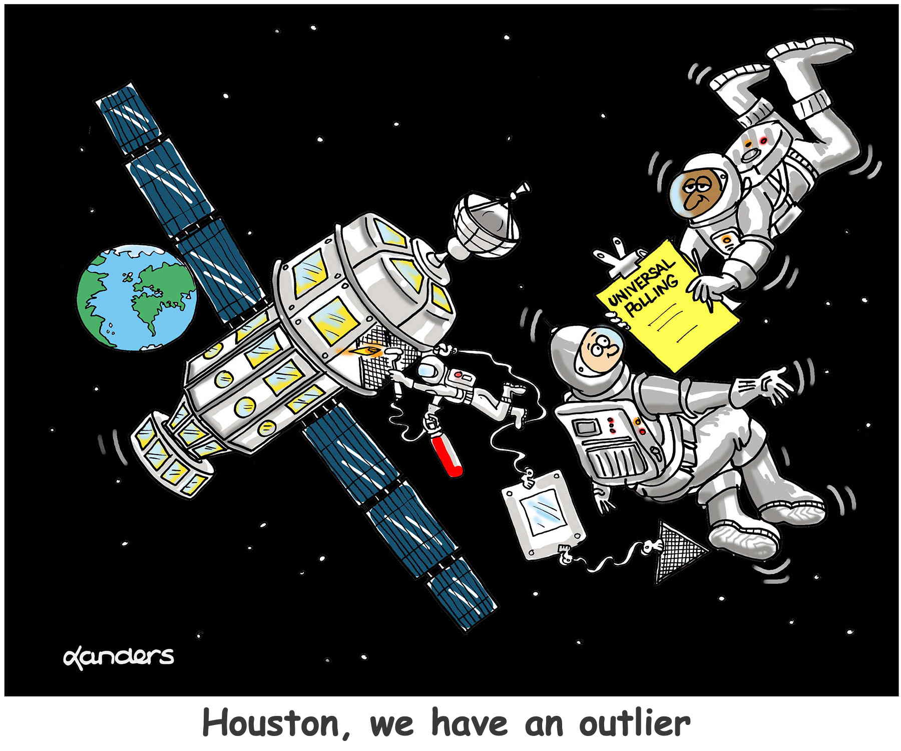 cartoon of astronauts walking in space and one rom" Universal Polling" is doing an interview with another.  Caption says: "Houston, we have an outlier"