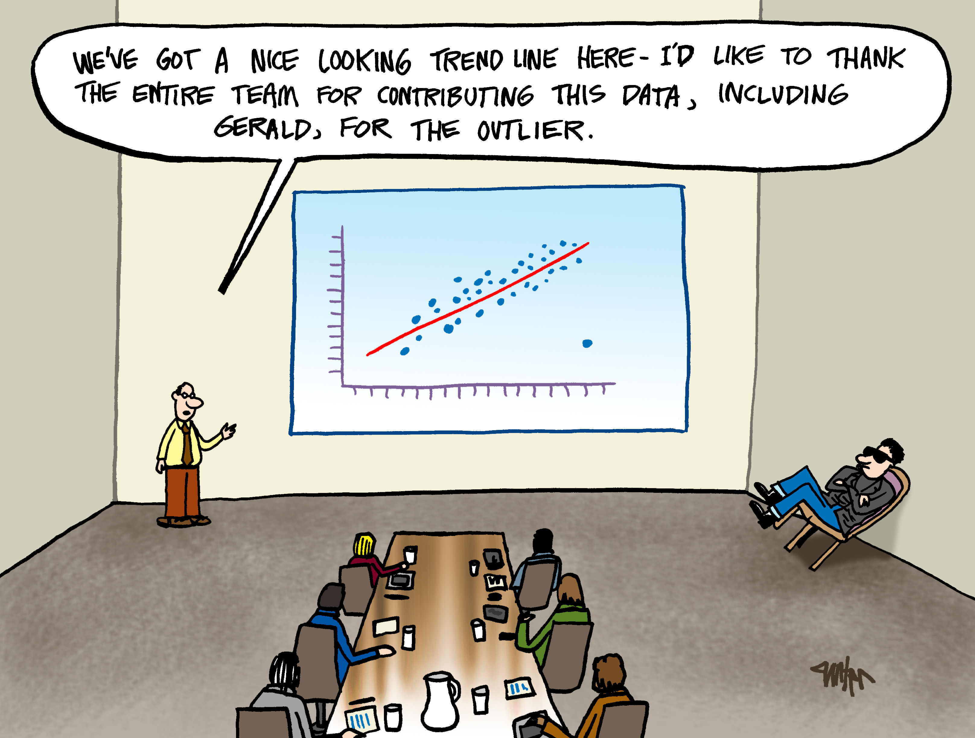 A cartoon with scatterplot on the wall,  one person in sunglasses is leaning against the wall. The boss says: We've got a nice looking trend line here - I'd like to thank the entire team for contributing this data, including Gerald for the outlier.