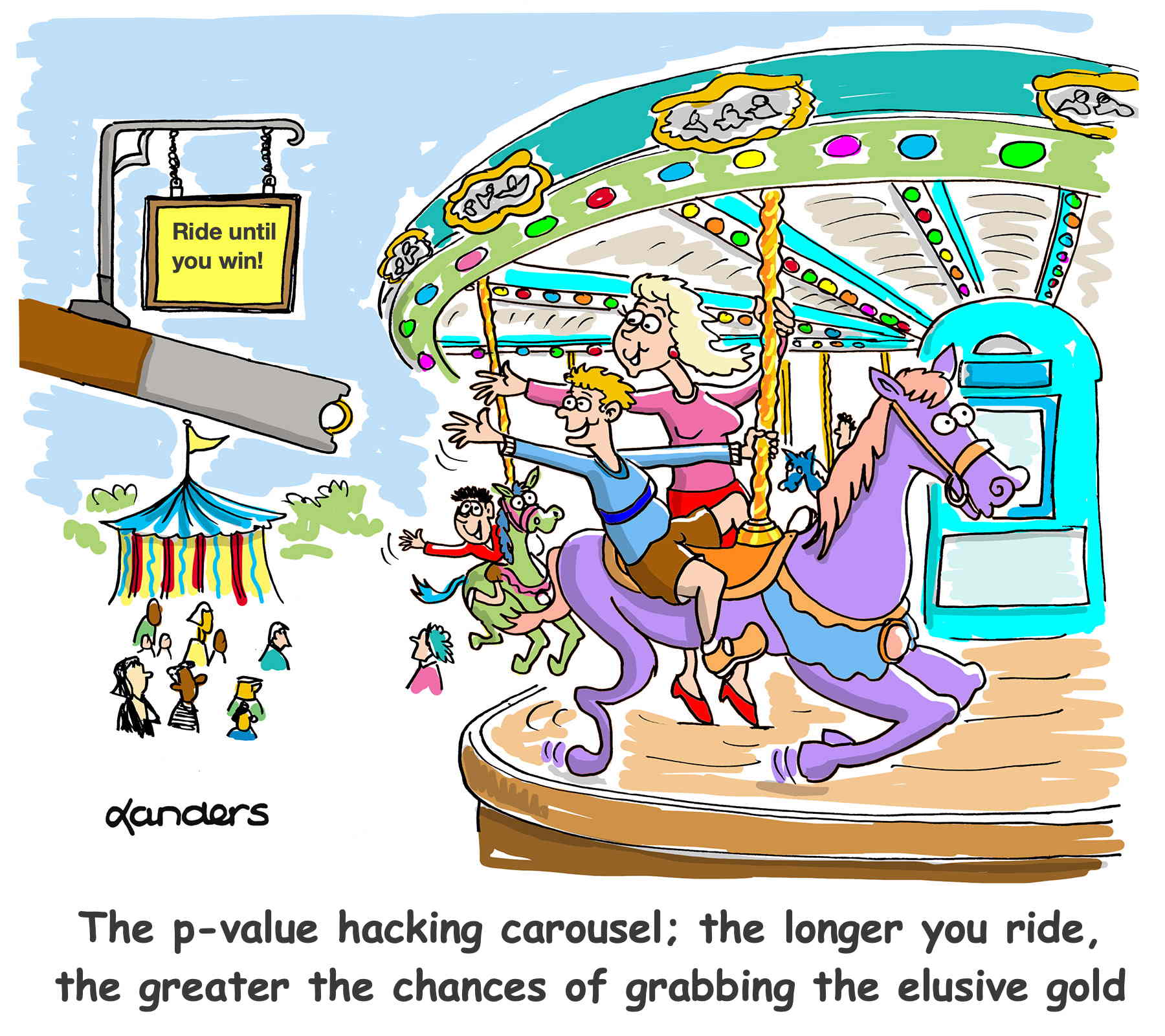 cartoon with people on a merry-go-round reaching for the brass ring with sign saying  'ride until you win!'. Caption says: The p-value hacking carousel; the longer you ride, the greater the chances of grabbing the elusive gold