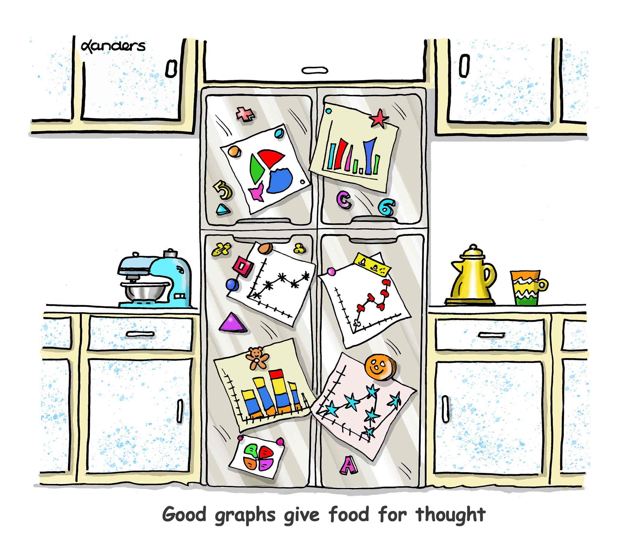 Cartoon with magnets holding graphs instead of child's art. Caption says: Good graphs give food for thought