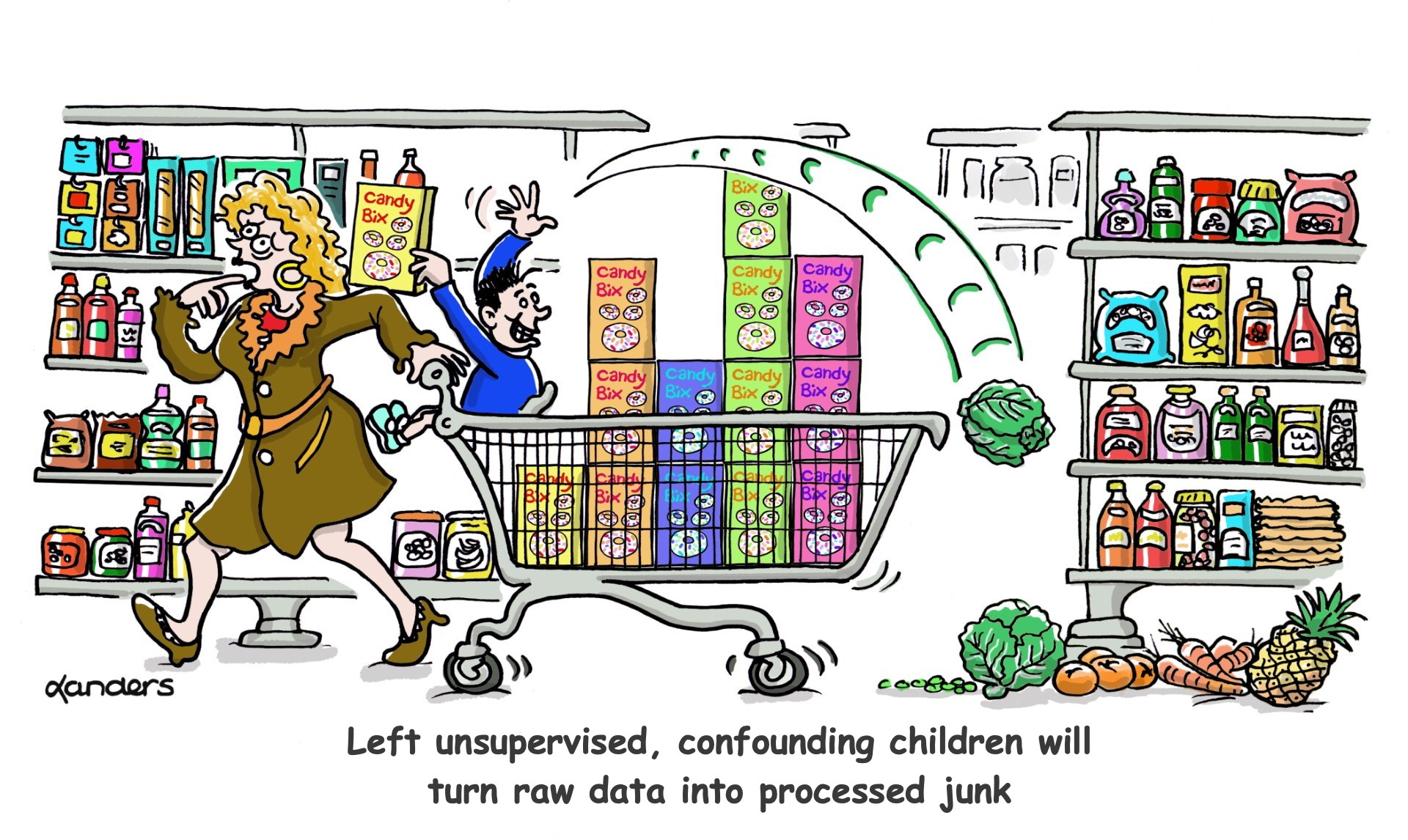 Cartoon showing woman shopping while her young child in cart is throwing away the healthy stuff and grabbing unhealthy products.  The caption says:"Left unsupervised, confounding children will turn raw data into processed junk"