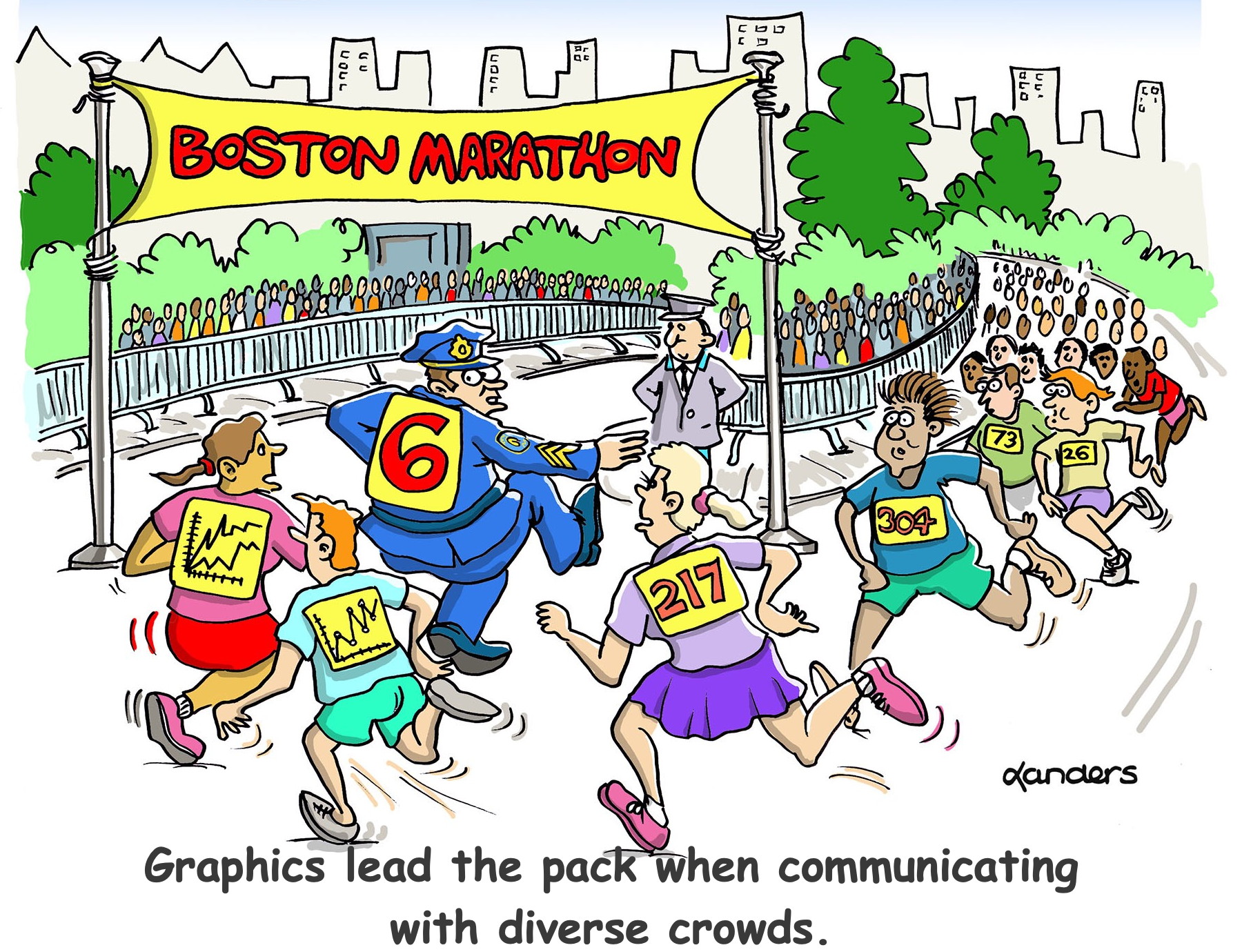 cartoon at Boston Marathon with runners near the front having graphics instead of numbers on their backs