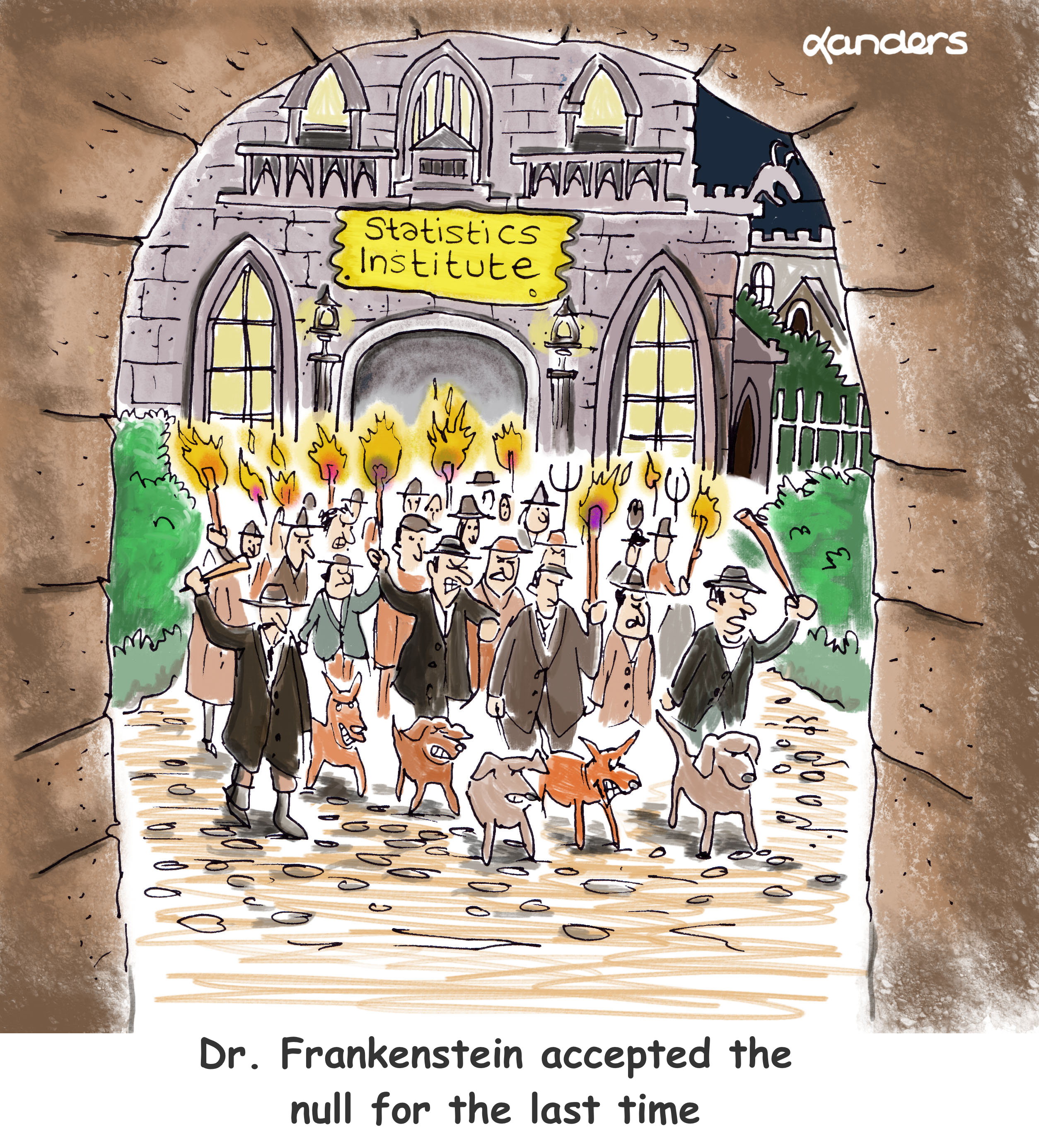 cartoon showing an angry mob, reminiscent of the villagers in the Frankenstein movie
