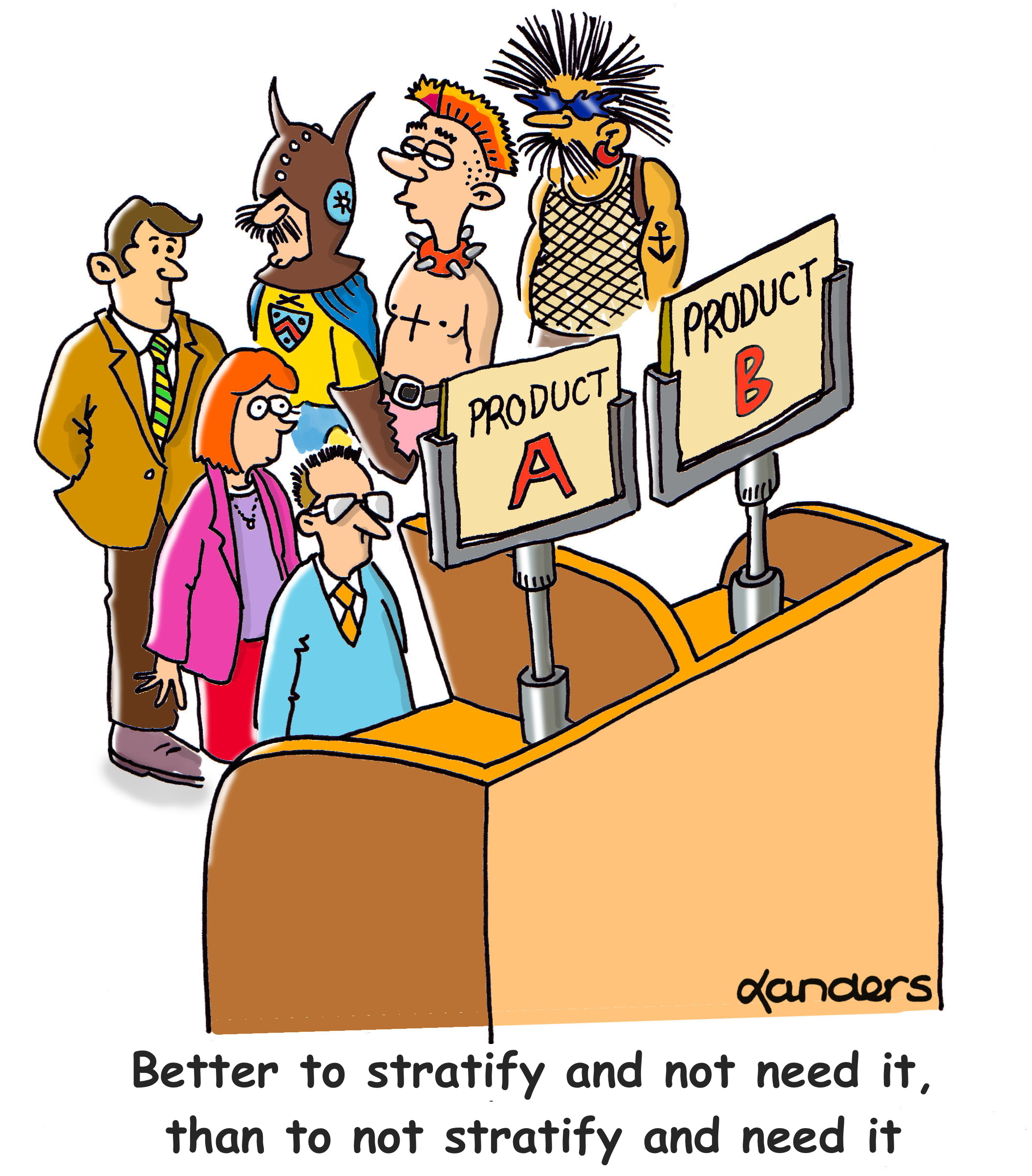 cartoon showing product testing booth with 3 conservatively dressed and 3 wildly dressed subjects 