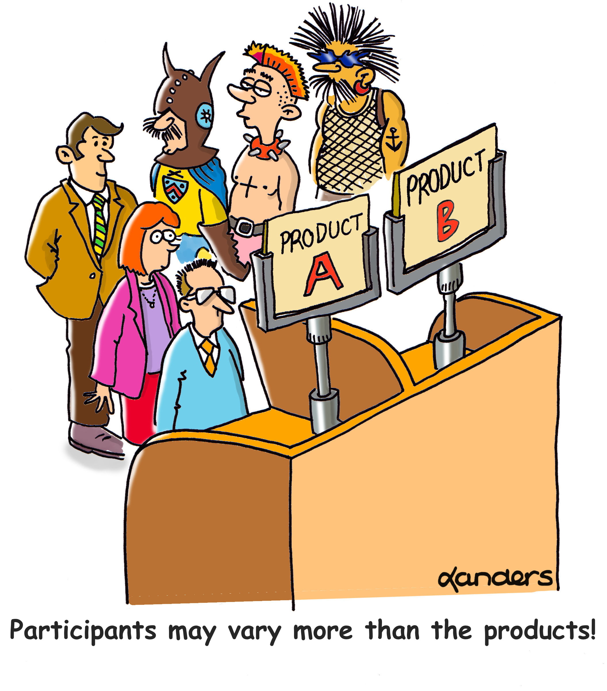 cartoon showing product testing booth with 3 conservatively dressed and 3 wildly dressed subjects 