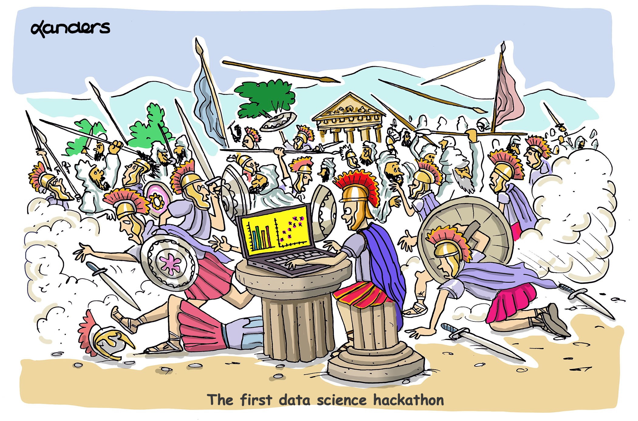 cartoon showing person working on computer with statistical displays in the middle of a battle taking place in ancient times. Caption reads: "The first data science hackathon."