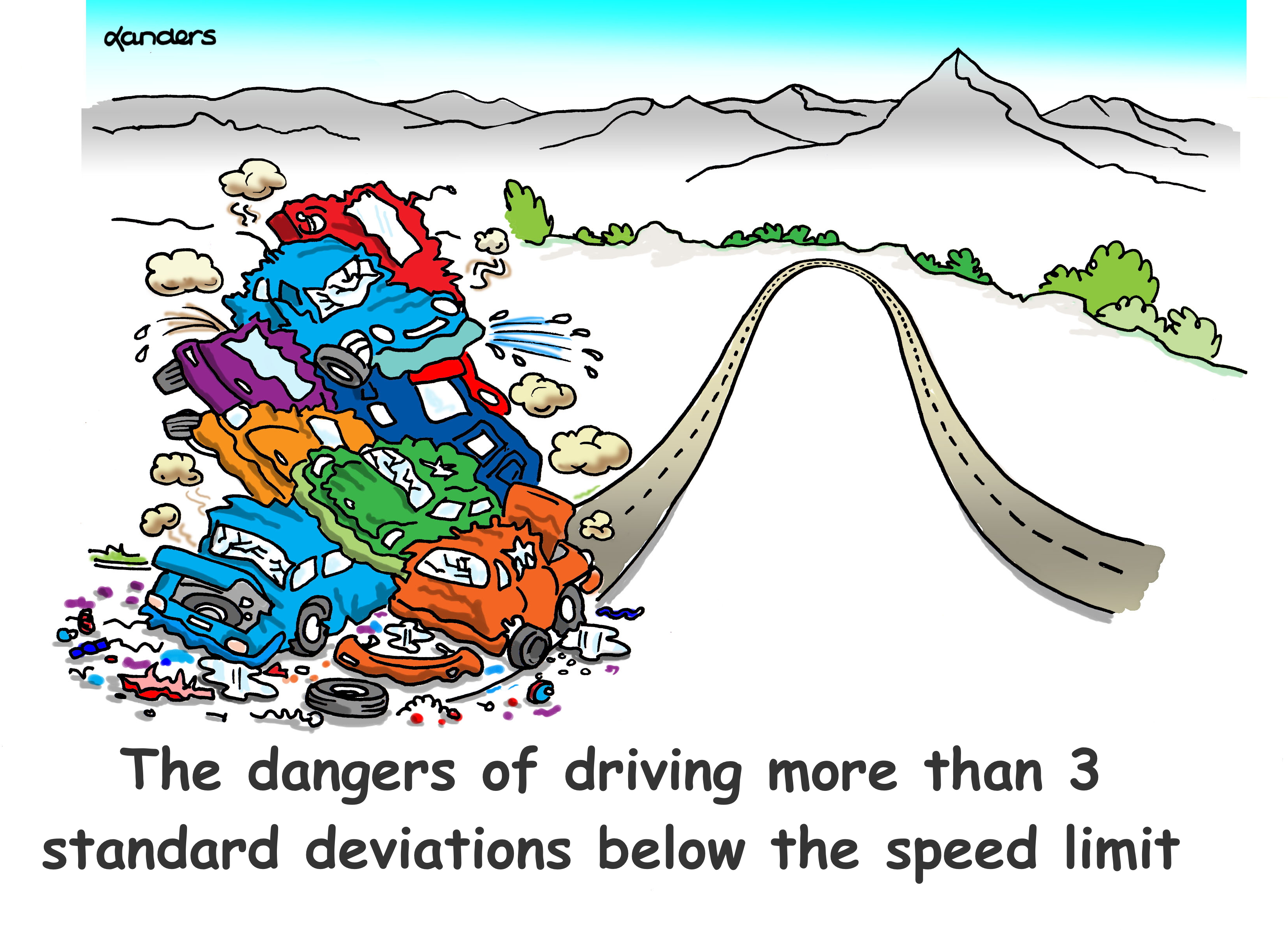 cartoon showing a crash scene on a rural road with an upcoming curve that looked bell-shaped