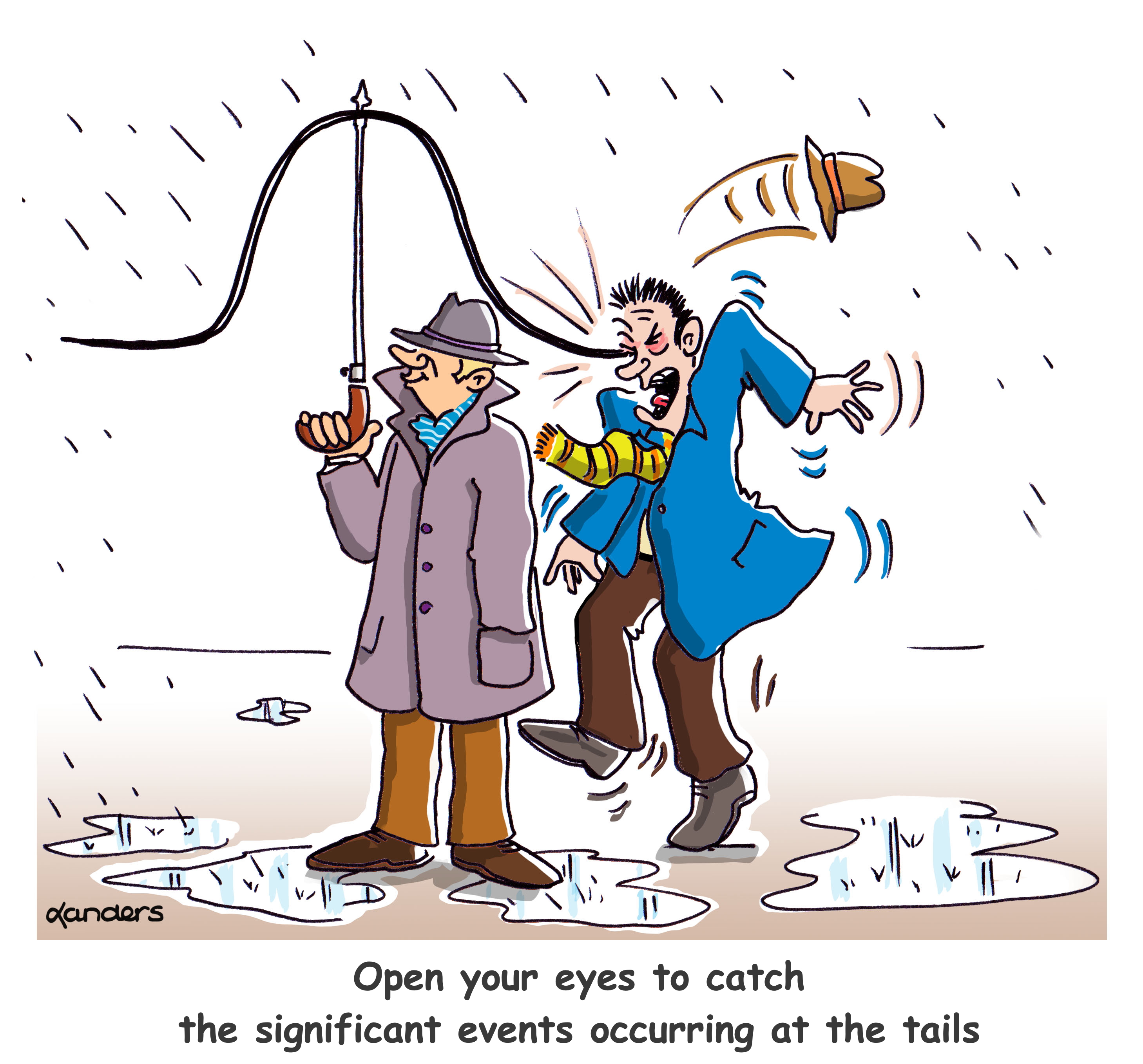 cartoon with man using an umbrella that looks like the normal curve