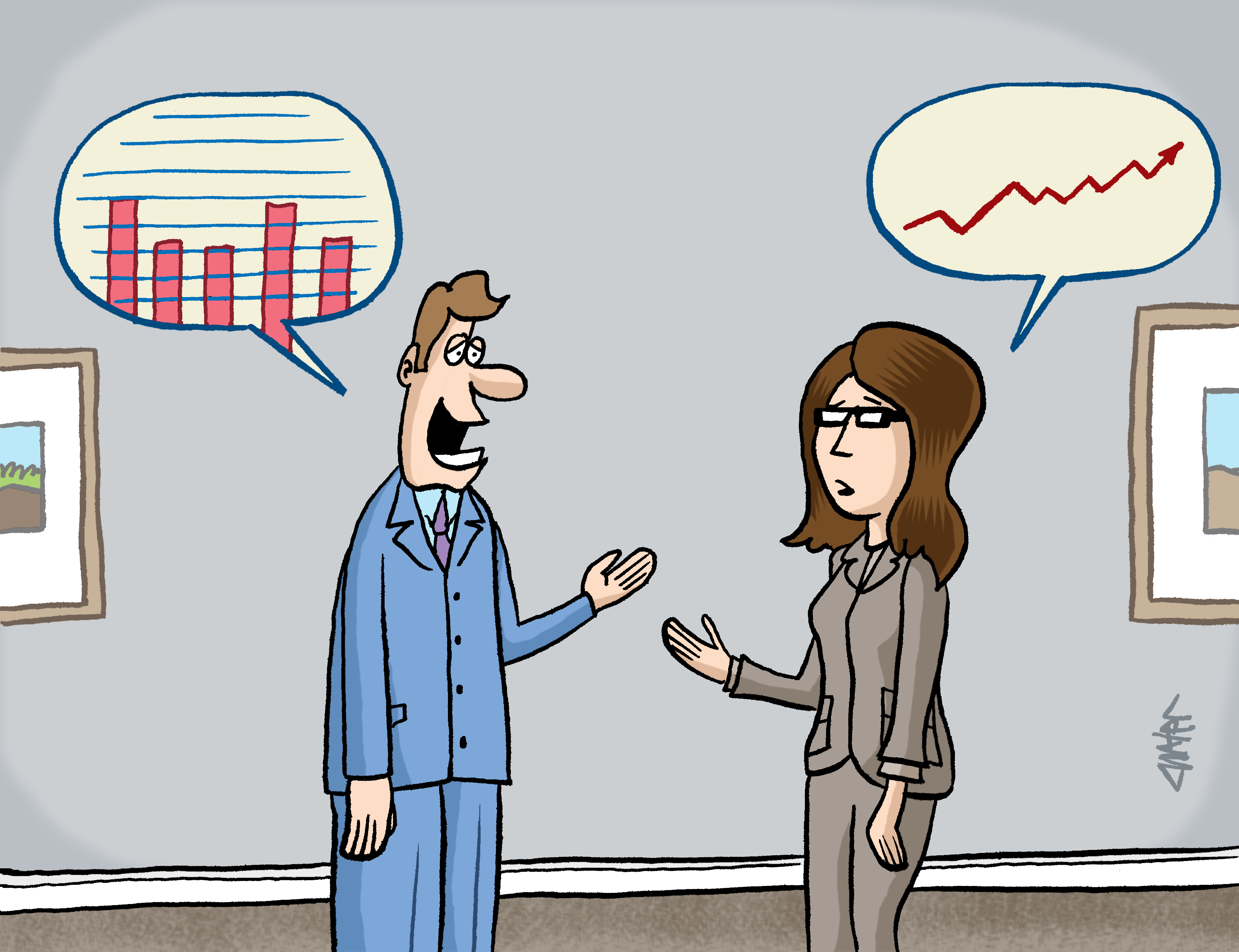A cartoon with two people talking, but instead of words, graphs are coming out of their mouths