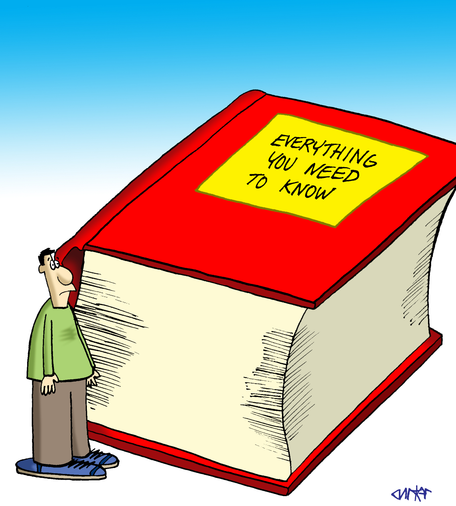 cartoon of a giant book titled Everything you need to know