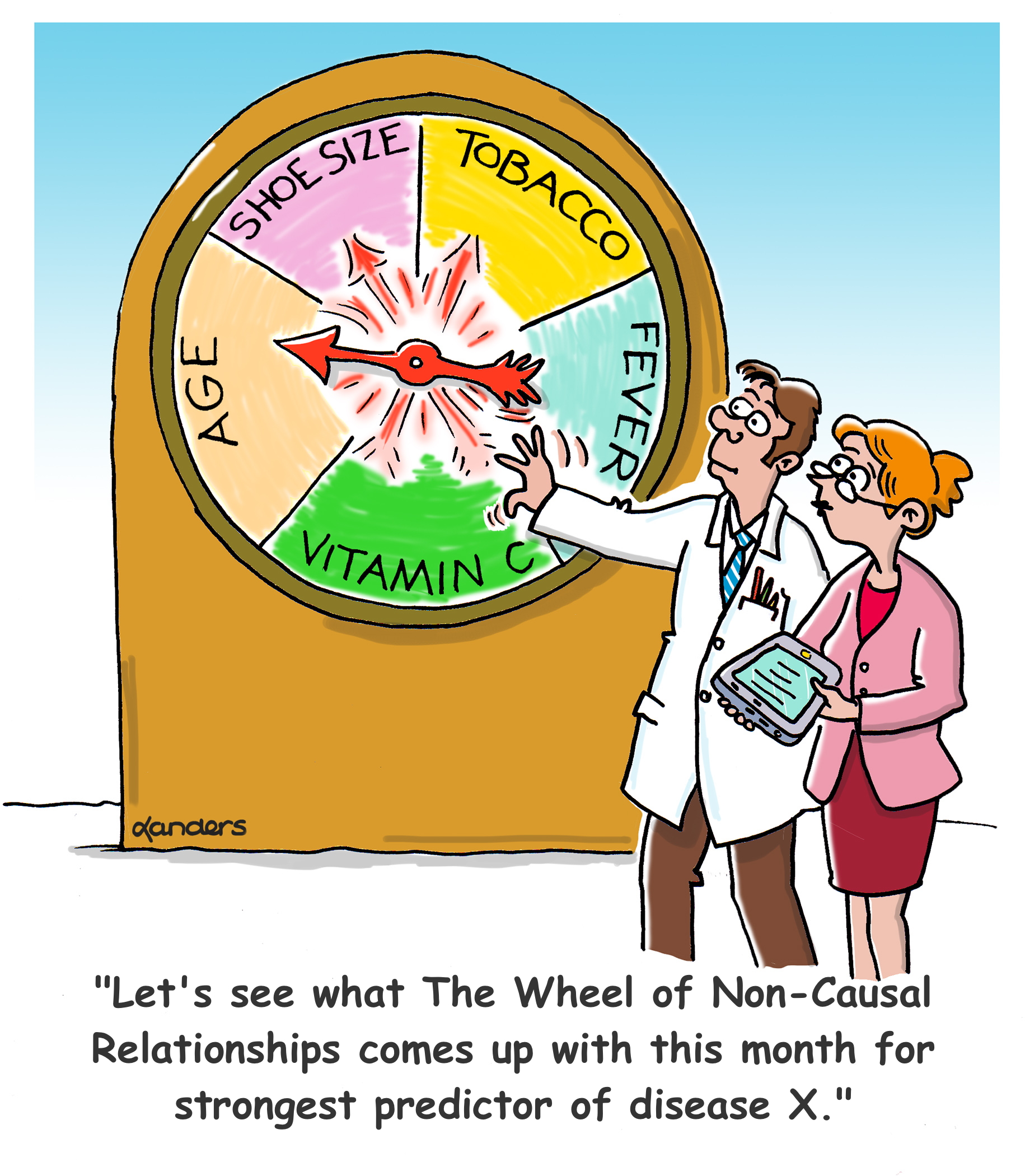 cartoon showing spinner with variable names and caption