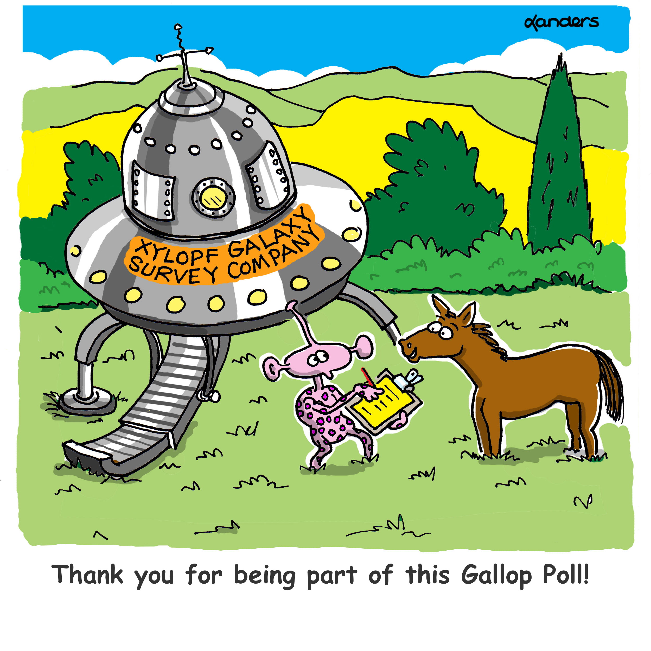 a cartoon showing an alien from the "xylopf survey company" interviewing a horse