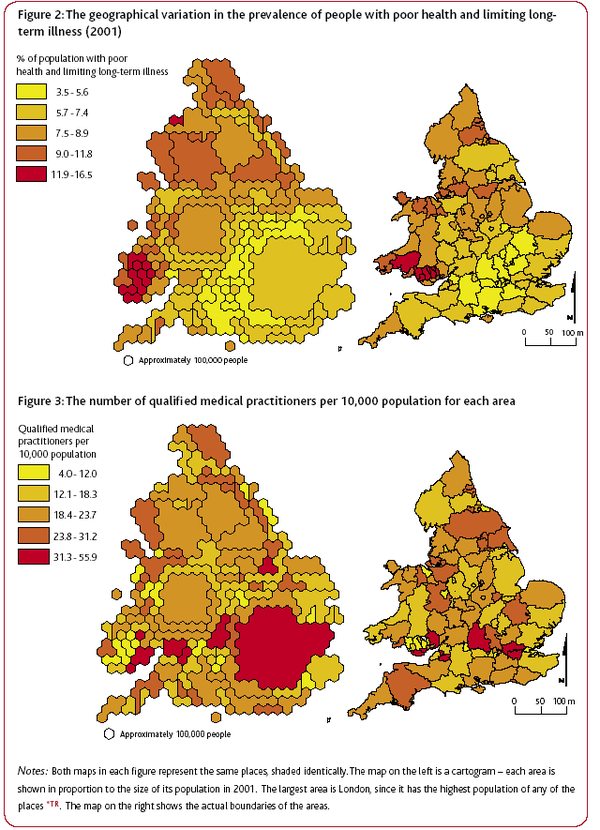 Geographical distribution of poor health and doctors in the UK. Source: JRF report: Life in Britain